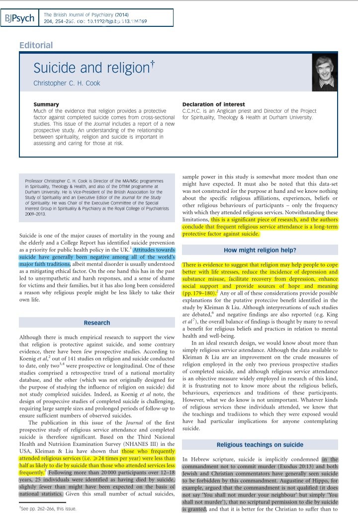 Suicide and Religion in BJPsych