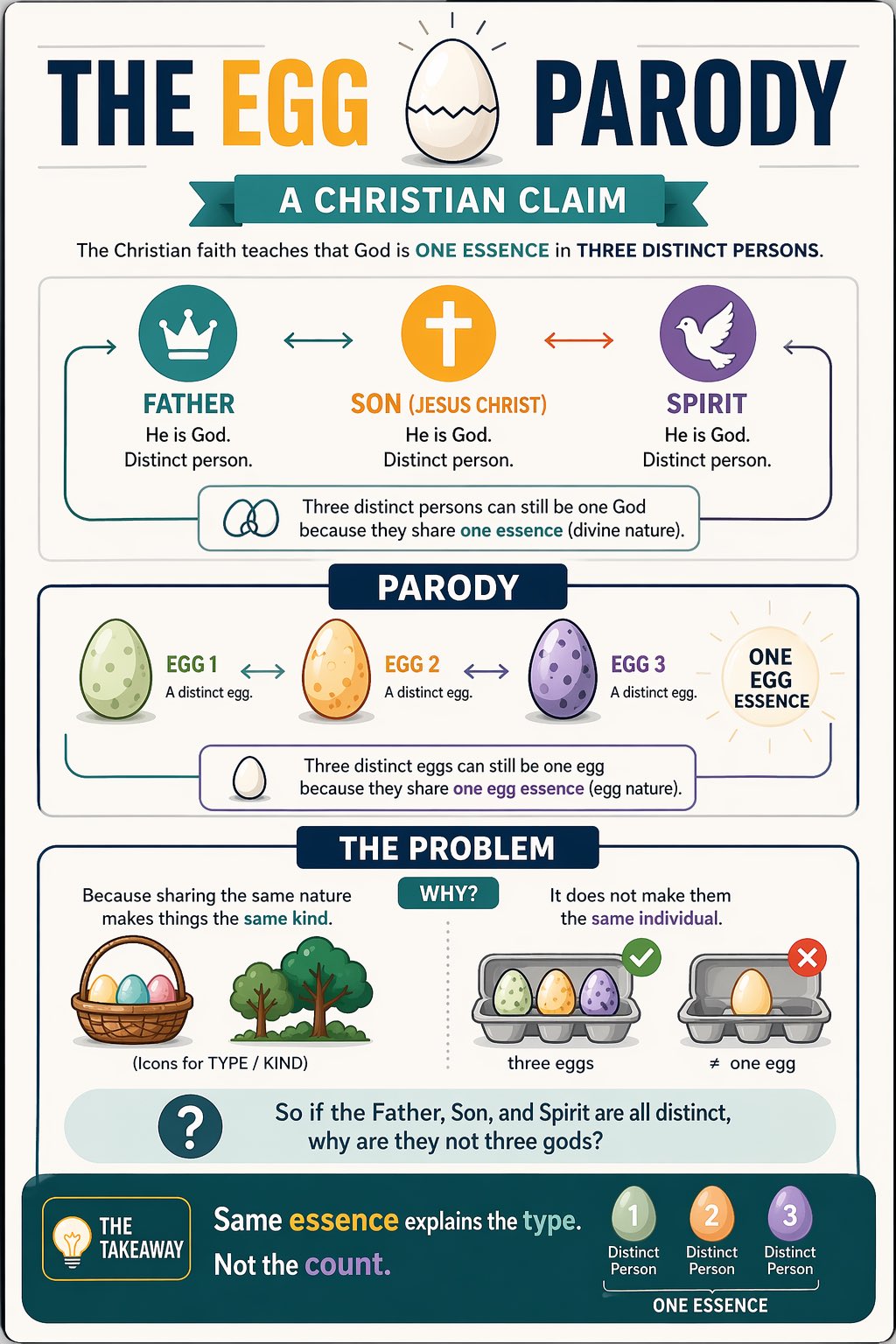 The Egg Parody: Same Essence Explains Type, Not Count